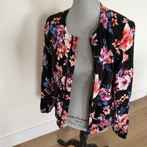 Forever 21 Black Floral Zip Jacket with Pink and Blue Blooms